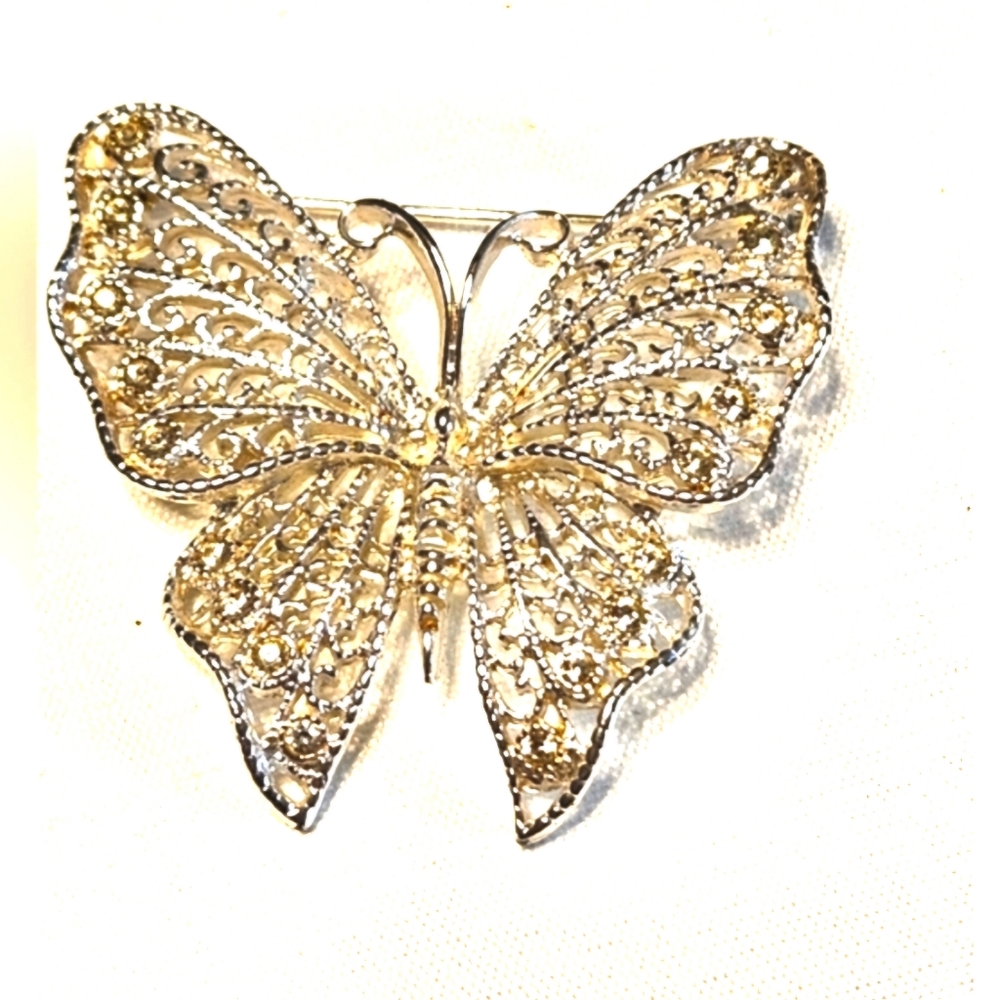 Vintage Silver Tone Rhinestone Filigree Butterfly Brooch